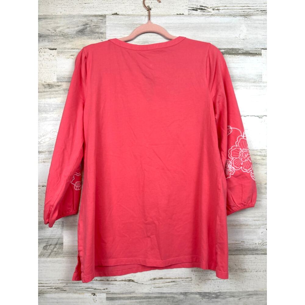 Talbots Womens M Pink Coral Embroidered Floral Balloon Sleeve Cotton Blouse Top - Picture 2 of 5